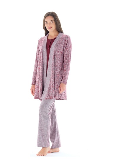 Feyza Pijama Kadın Yakası Düğmeli Çicek Desenli Jakarlı 3'lü Pijama Takımı