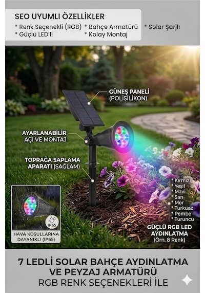 Solar Gunes Enerjili Rgb Renk Degistiren Bahce Armaturu 7 Ledli Renkli Dis Mekan Peyzaj Cim Kazikli
