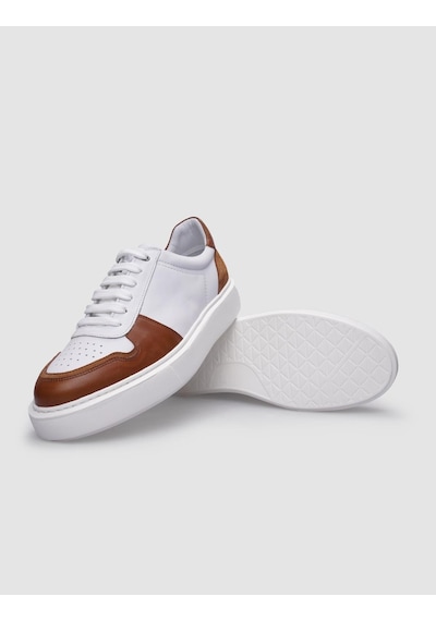 %100 Hakiki Deri Beyaz - Taba Bağcıklı Erkek Sneaker Beyaz