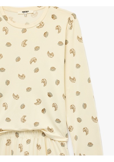 Koton Rahat Kalıp Bisiklet Yaka Uzun Kollu Baskılı Pijama Takımı Ekru 7wlk40346mk