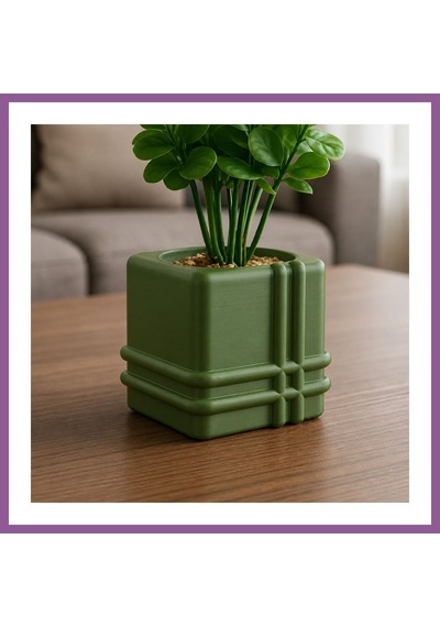 Bezos 3d Baskı Square Planter - Izgara Desenli Küp Saksı-yeşil Rengaren Standart
