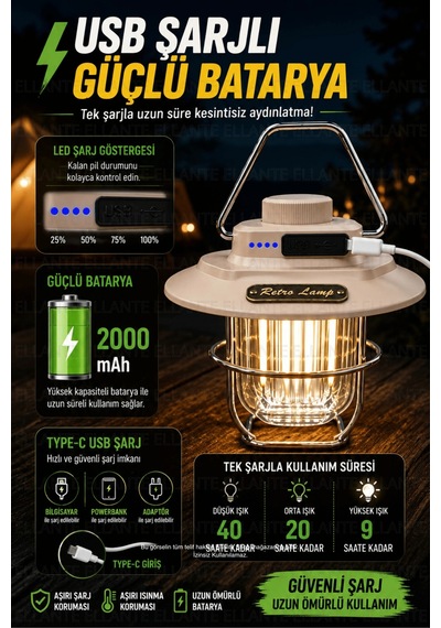 Retro Led Kamp Lambası Usb Şarjlı Taşınabilir Nostaljik Fener Ayarlanabilir Parlaklık Kamp Bahçe Bal Çok Renkli