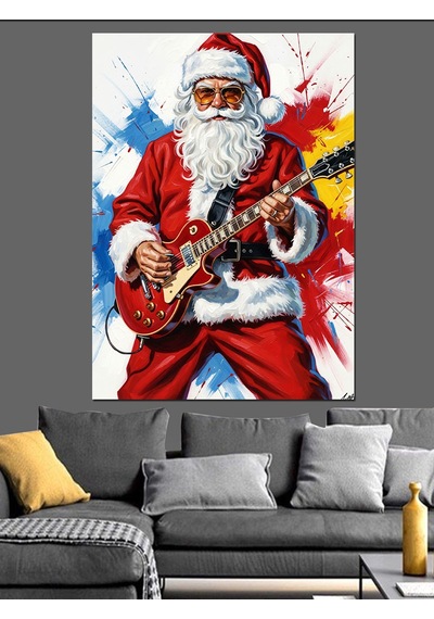 Ahşap Tablo Noel Baba Gitar Çalıyor Rock Hayvan Tabloları