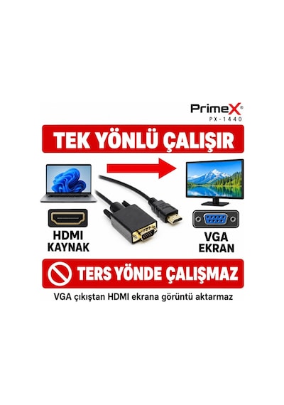 Primex Px-1440 1.8 Metre Hdmı To Vga Görüntü Kablosu, Hdmı Çıkıştan Vga Monitör Projeksiyona Dönüştürücü, Pc Laptop Ps5 Xbox Uyumlu, Full Hd, Tek Yönlü