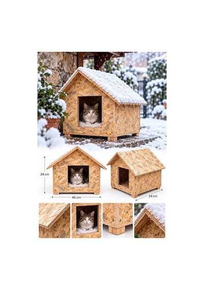Reyo Kedi Evi Dış Ortam Uygun Ahşap Kedi Yuvası Kedi Barınağı Rüzgar ve Soğuğa Dayanıklı Osb Malzeme 46 x 34 x 34 CM CAT26