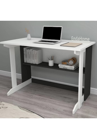 Reyo Home Enda Pillar Kütüphaneli Çalışma Masası 100x56cm Beyaz - Antrasit