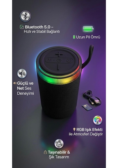 BS-13 RGB LED Işıklı Taşınabilir Bluetooth Hoparlör Yüksek Sesli Kablosuz Speaker AUX USB SD Kart Destekli Şarjlı
