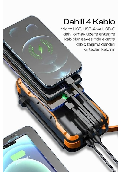 Kensa Güneş Enerjili Powerbank 20.000 Mah Hızlı Şarj Led Göstergeli Dahili Kablo Solar Şarj Cihazı Siyah - Turuncu