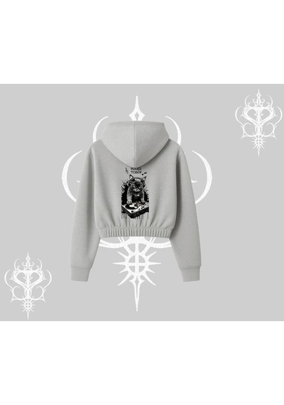 Dj Kedi Baskılı Müzik Temalı Kapşonlu Crop Sweatshirt Gri