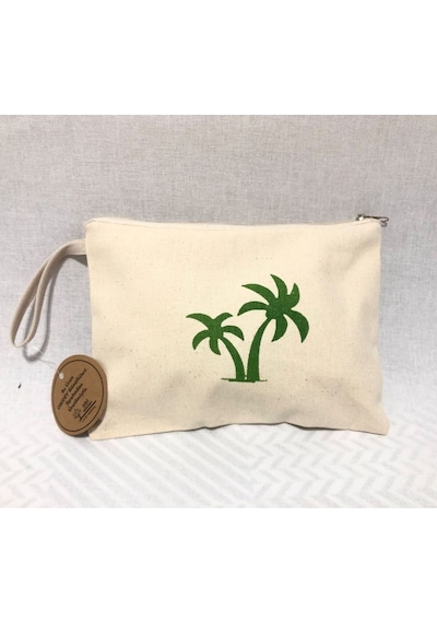 Obidev Tahta Baskı Palmiye Desenli Clutch ,portföy Çanta,makyaj Çantası Krem