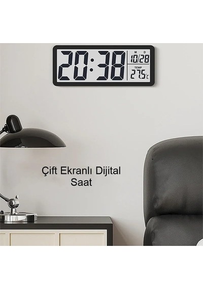 Lcd Dijital Duvar Saati 20x8 Cm Usb & Pilli, Saat Tarih Sıcaklık Gösterimli, Modern Tasarım, Masaüstü & Duvar