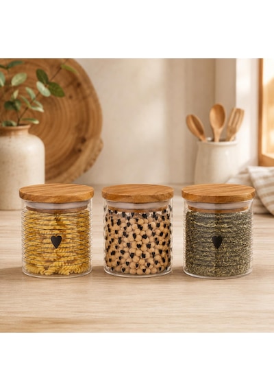 Tr 3'lü Heart Cam Kavanoz Seti 250 Ml, Bambu Kapaklı Kalp Desenli Cam Saklama Kabı, Kahve Şeker Baharat Kuruyemiş Genel