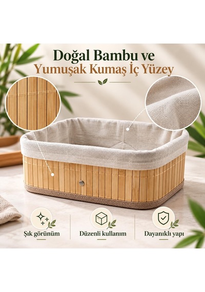 Bambu Düzenleyici Sepet Seti, Kumaş Astarlı, 3'lü Set Diğer