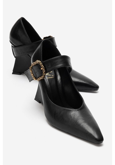 Luvi Shoes Lyons Siyah Cilt Tokalı Kadın Dolgu Topuklu Ayakkabı