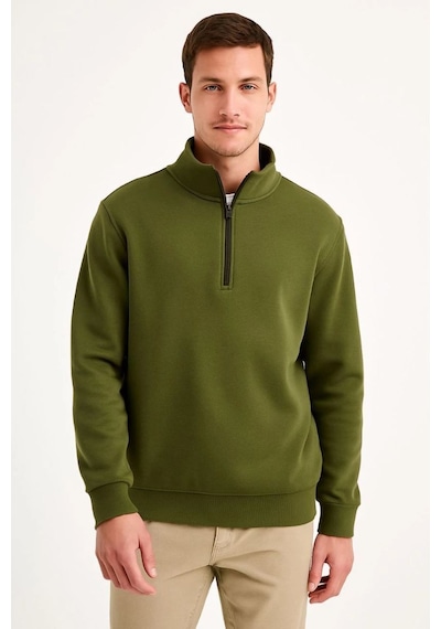 Erkek Dik Yaka Sweatshirt Dik Yaka Yarım Fermuarlı 3 İplik Şardonlu Pamuk Kumaş - Haki