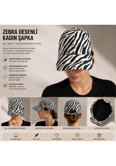 Valkyrie Zebra Desenli Kadın Şapka Ayarlanabilir Baseball Cap Siyah Beyaz Spor Günlük Şapka Siyah - Beyaz