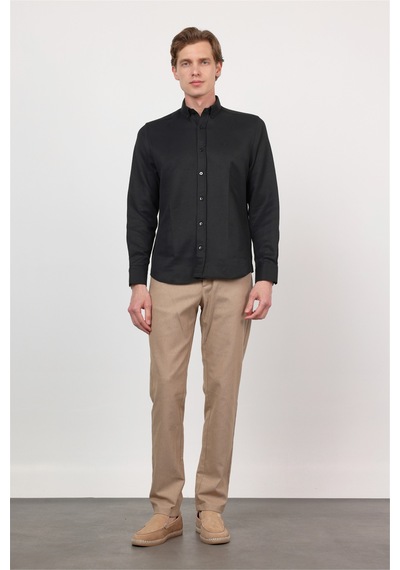 İmza Siyah Düğmeli Yaka Uzun Kol Cepsiz Slim Fit Pamuklu Gömlek 1004260203
