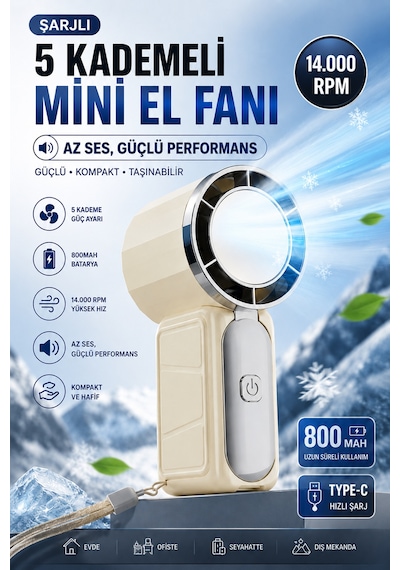 Mini El Fanı Taşınabilir 800mah Usb Sarjlı Soğutucu 5 Kademeli Mini Vanitalatör
