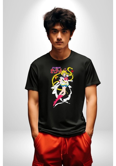 Sailor Moon Anime Usagi Tsukino Unisex Unisex Siyah Organik Baskılı T-shirt Penye Yüksek Kalite Siyah