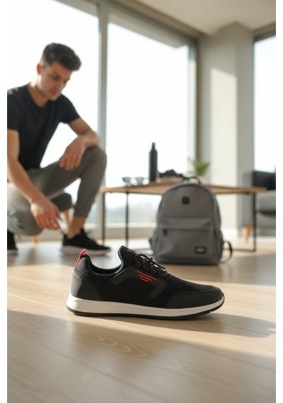 Enoch Erkek Lastikli Günlük Spor Ayakkabı Kapitone Desenli Sneaker Ofis Ve Yürüyüş Modeli Siyah - Kırmızı