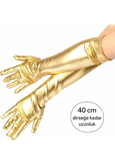Altın Renk Dirsek Altı Lüks Saten Eldiven 40 Cm 5691 "