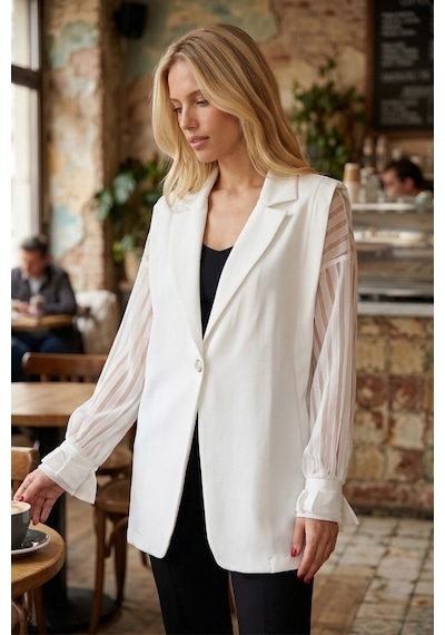 Armonika Kadın Beyaz Yanları Dantel Vatkalı Oversize Tek Düğme Ceket Arm-26y001068