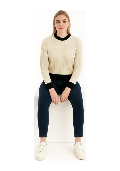 Hira Life Fashion Kadın Bisiklet Yaka Fitili Ve Şerit Detaylı Crop Triko Kısa Kazak Bej Bej