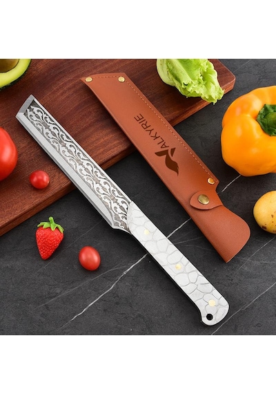 Valkyrie Paslanmaz Çelik Desenli Çok Amaçlı Mutfak Ve Kamp Bıçağı Kılıflı Dayanıklı Tasarım 33.8 Cm Siyah