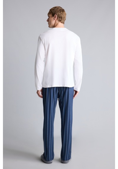Defacto New Regular Fit Uzun Kollu Düğme Detaylı Üst Çizgili Alt 2li Pijama Takımı H7607ax26auwt34 Beyaz-wt34