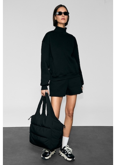 Urban Beat Xenya Kadın Polarlı Yumuşak Balıkçı Yakalı Baskı Detaylı Cepli Regular Siyah Sweatshirt Siyah