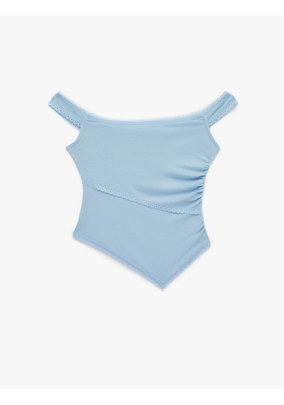 Koton Modal Karışımlı Dantel Detaylı Slim Fit Asimetrik Kolsuz Bluz Mavi 6sal30121ık