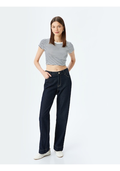 Koton Crop Bisiklet Yaka Kısa Kollu Slim Fit Tişört Lacivert Çizgili 5sal10192ık 7s2 Çok Renkli