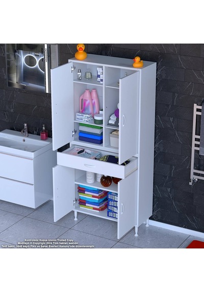 Modilayn Yeni Afra 80 X 173 X 32,5 Cm 1 Çekmece 4 Kapak 5 Raf 8 Bölme Çok Amaçlı Banyo & Mutfak Dolabı Beyaz