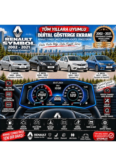 Renault Symbol 2002-2021 Uyumlu Digital Gösterge Odb Ekran Arıza Göstergesi Turbo Gösterge Hayalet Ekran