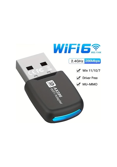 Usb 286mbps Wifi6 Kablosuz Adaptör, Masaüstü Ve Dizüstü Bilgisayarlar İçin Uygun, 2.4ghz Güçlü