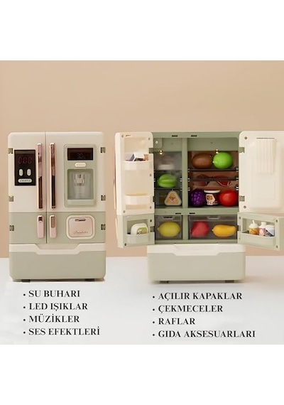 Giffy/oyuncak Buhar Efektli Buzdolabı 28 Parça Aksesuarlı Sesli Müzikli Led Işıklı Pilli Eğitici Gerçekçi Açık Gri