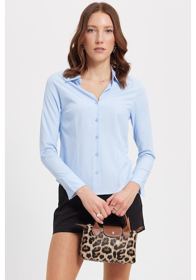 Tudors Kadın Slim Fit Dar Kesim Klasik Yaka Uzun Kollu Mavi Gömlek-40355 Mavi