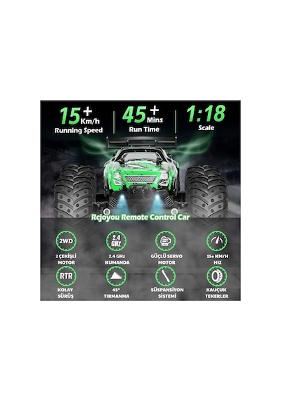 Oyuncak 2.4 Ghz Uzaktan Kumandalı Şarjlı Led Işıklı Drift Atan 15 Km Hız Off Road 45 Dk Batarya Yeşil