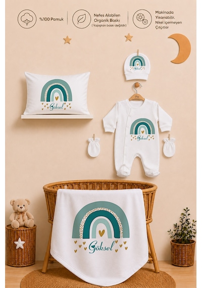 Pia Baby İsme Özel 5 Parça Erkek Bebek Hastane Çıkışı Tulum Seti %100 Pamuk Organik Baskılı 1055tyb3x Ekru
