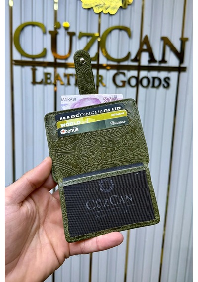 Cüzcan Jorvik Patlı Hakiki Deri Premium Kartlık Kişiye Özel İsim Baskılı Yeşil Motifli