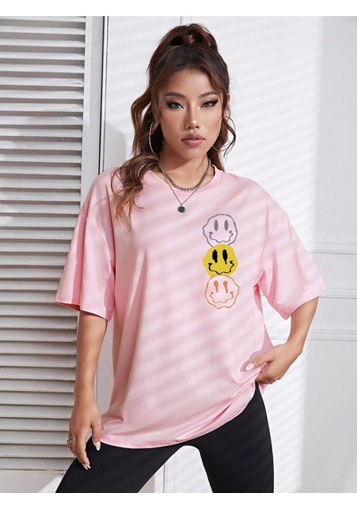 Noıssey Karikatür Ve Grafik Tasarım Oversize T-shirt Cartoon/letter Serisi Kod44 Pembe