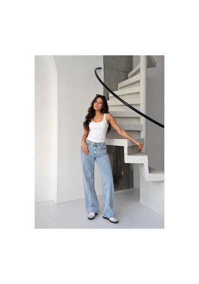 Kene Jeans Buz Kar Arka Cep Nakışlı Kemer Tokalı Boru Paça Pantolon Jeans Buz Kar
