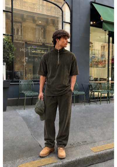 Yarım Fermuarlı Oversize Fitilli Tişört Haki