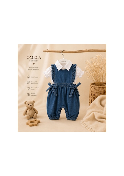 Omeca Concept Kız Bebek Denim Tulum Ve Gömlek Takımı Lacivert
