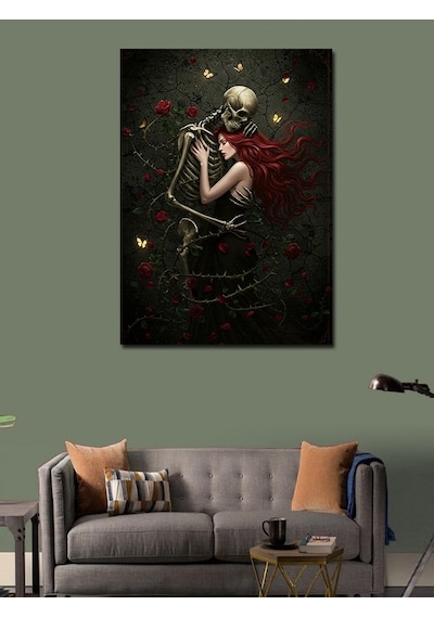 Kanvas Tablo Karanlıkta İskelet Ve Kadın 50cmx70cm