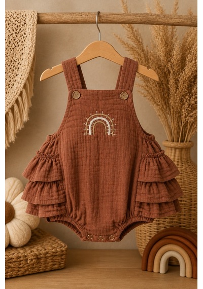 Mnk Baby & Kids Gökkuşağı Detaylı %100 Pamuk Müslin Bebek Tulum M00852 Kahverengi