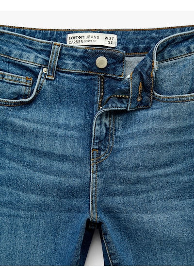 Koton Yüksek Bel Pamuklu Düğmeli Dar Paça Skinny Denim Pantolon - Skinny Push Up Fit Jean Orta İndigo 6sal40192md