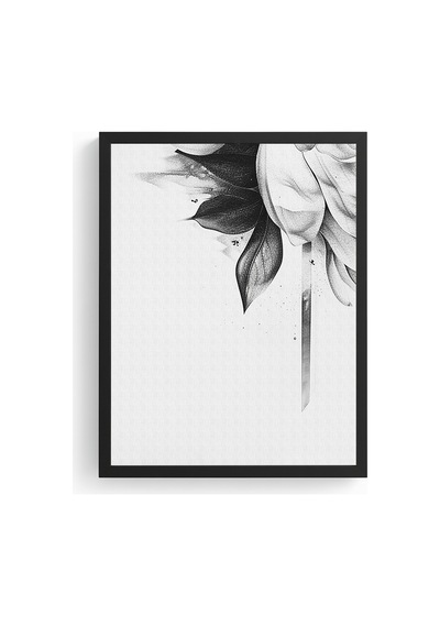 Doğal Ahşap Çerçeveli Minimal Siyah Beyaz Çiçek Desenli Tablo - Modern Tema Huhu1315