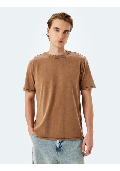 Koton Pamuklu Yıkamalı Regular Fit Kısa Kollu Bisiklet Yaka Tişört Kahverengi 5sam10190hk Kahve