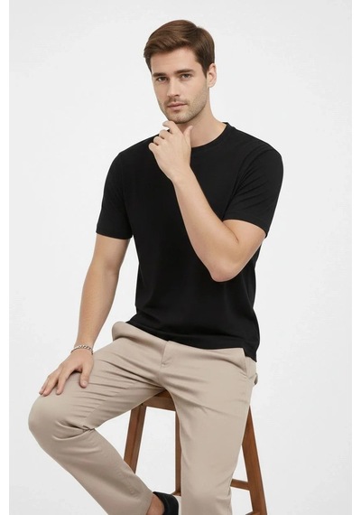 Erkek Bisiklet Yaka Yazlık Kısa Kol Düz Tişört Regular Kalıp T-shirt - Siyah